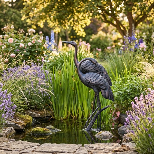 Large Love Cranes Metal Garden Ornament with aged verde bronze finish beside a pond