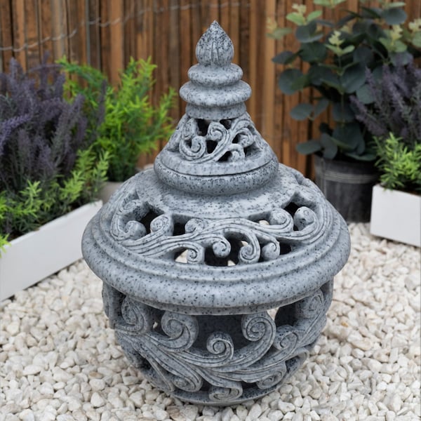 Garden Lantern Garden Ornament in Grey with rounded body and swirling cut-out fretwork