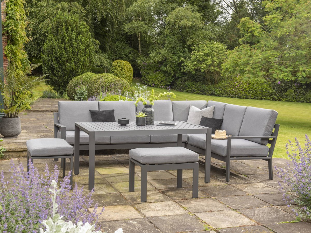Handpicked Titchwell corner lounge set with table, styled in a UK summer garden
