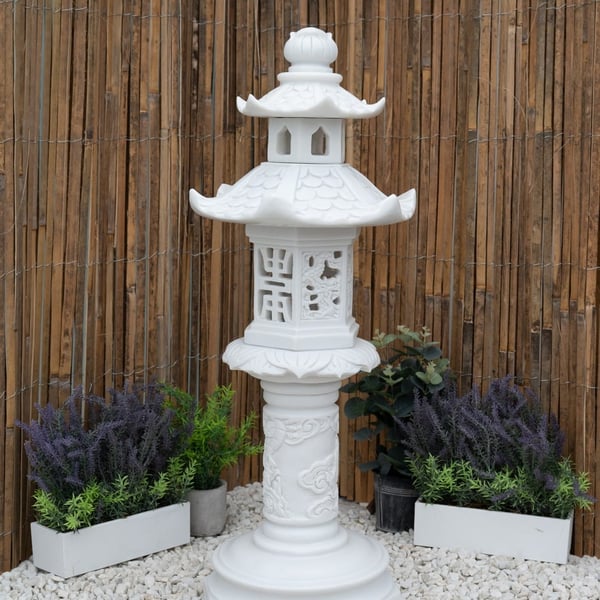 Ornate Lantern Garden Ornament in White with two curved roofs and carved pedestal column