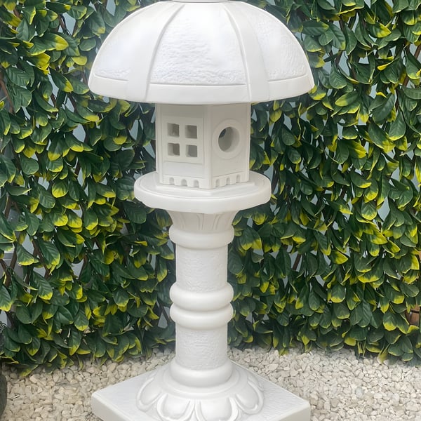 Tall Lantern Garden Ornament in White with umbrella-shaped roof and turned pedestal column