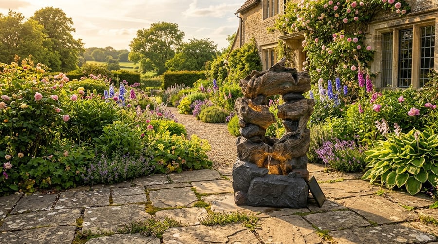 Forest Springs solar water feature with cascading bowls in the south-east wealth corner of a UK garden patio