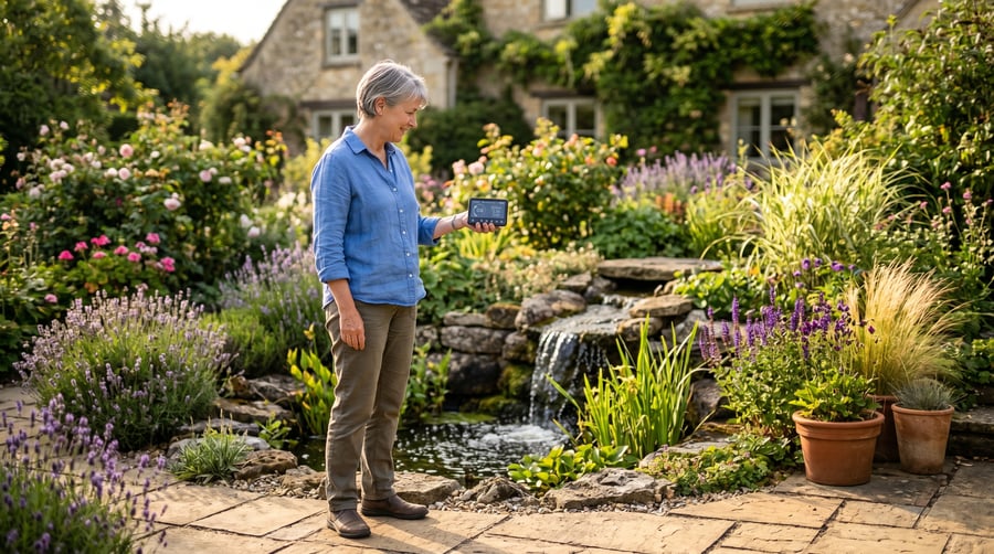 UK homeowner checking smart meter electricity usage beside a garden water feature in a planted patio at golden hour