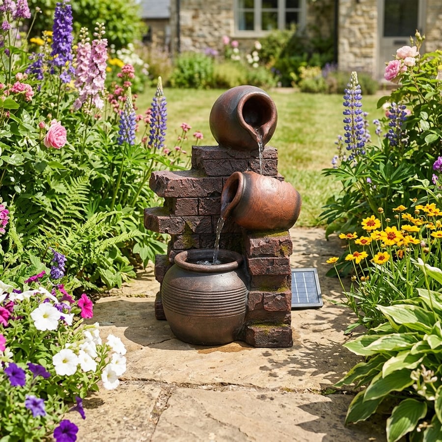 Tumbling Pots Solar Water Feature, a small cottage-garden solar feature with no electricity cost in a UK garden