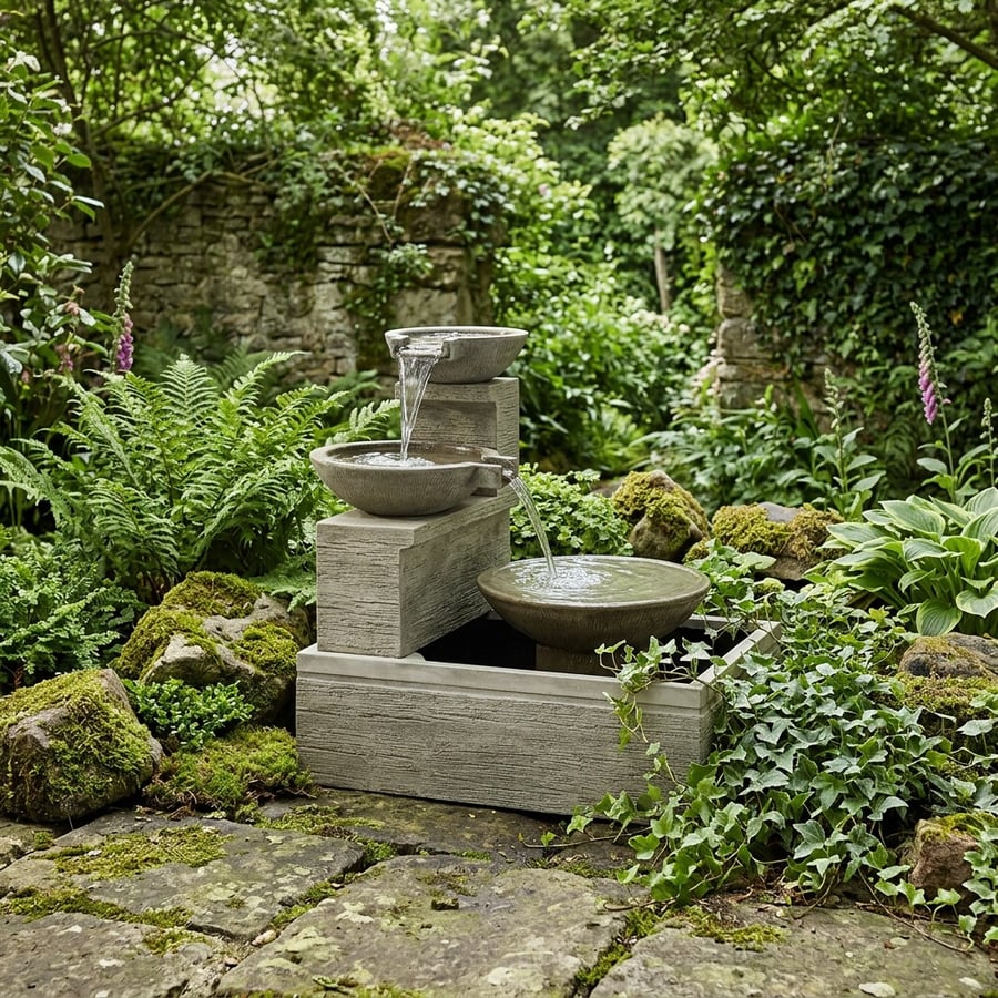 Bella self contained water feature with a 25W low-voltage pump, a tall slim planter-column in a modern UK garden