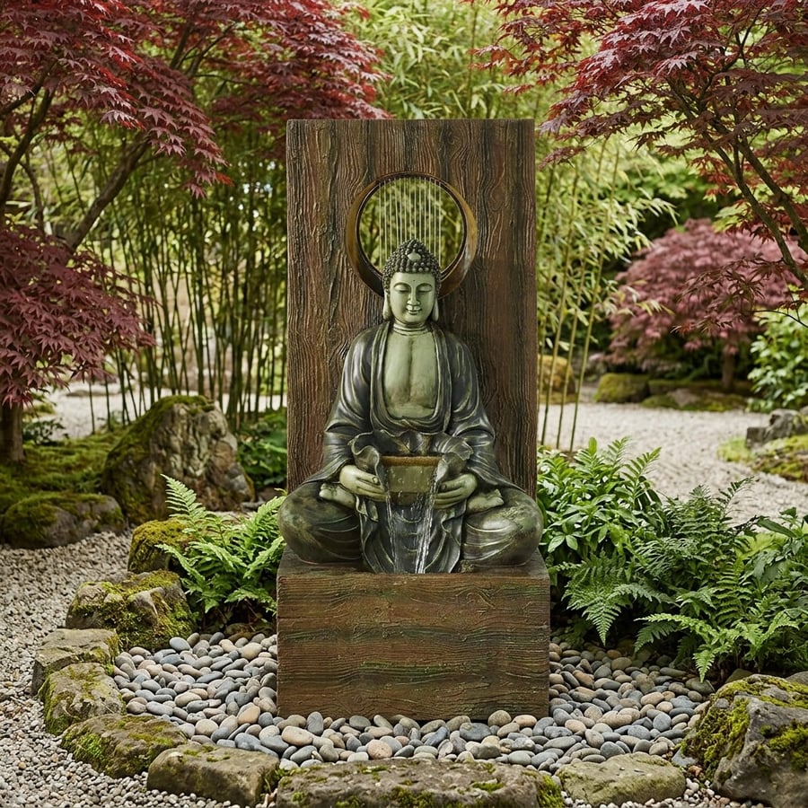 Heavenly Buddha Self Contained Water Feature with 45W pump, a tall zen Buddha statue water feature in a UK garden