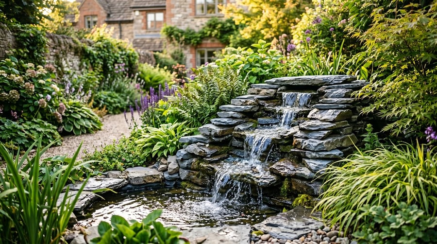 Slate cascade garden water feature running in a planted UK suburban garden at golden hour, powered by a submersible pump
